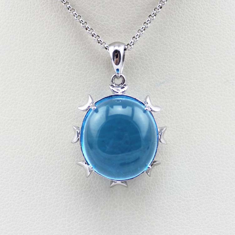 Women Jewelry 14mmx16mm Oval Dome Blue Topaz Cubic Zirconia Pendant Necklace (PSJ0197)