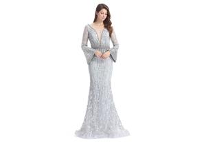 China Mandarin Sleeve V Neck Sexy Long Sleeve Lace Formal Dress Floor Length factory