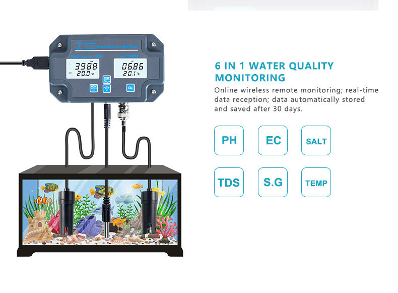 Customized Wifi Water Tester PH-3988 6 in 1 Salt S.G.Temp PH EC TDS Meter for Aquariums