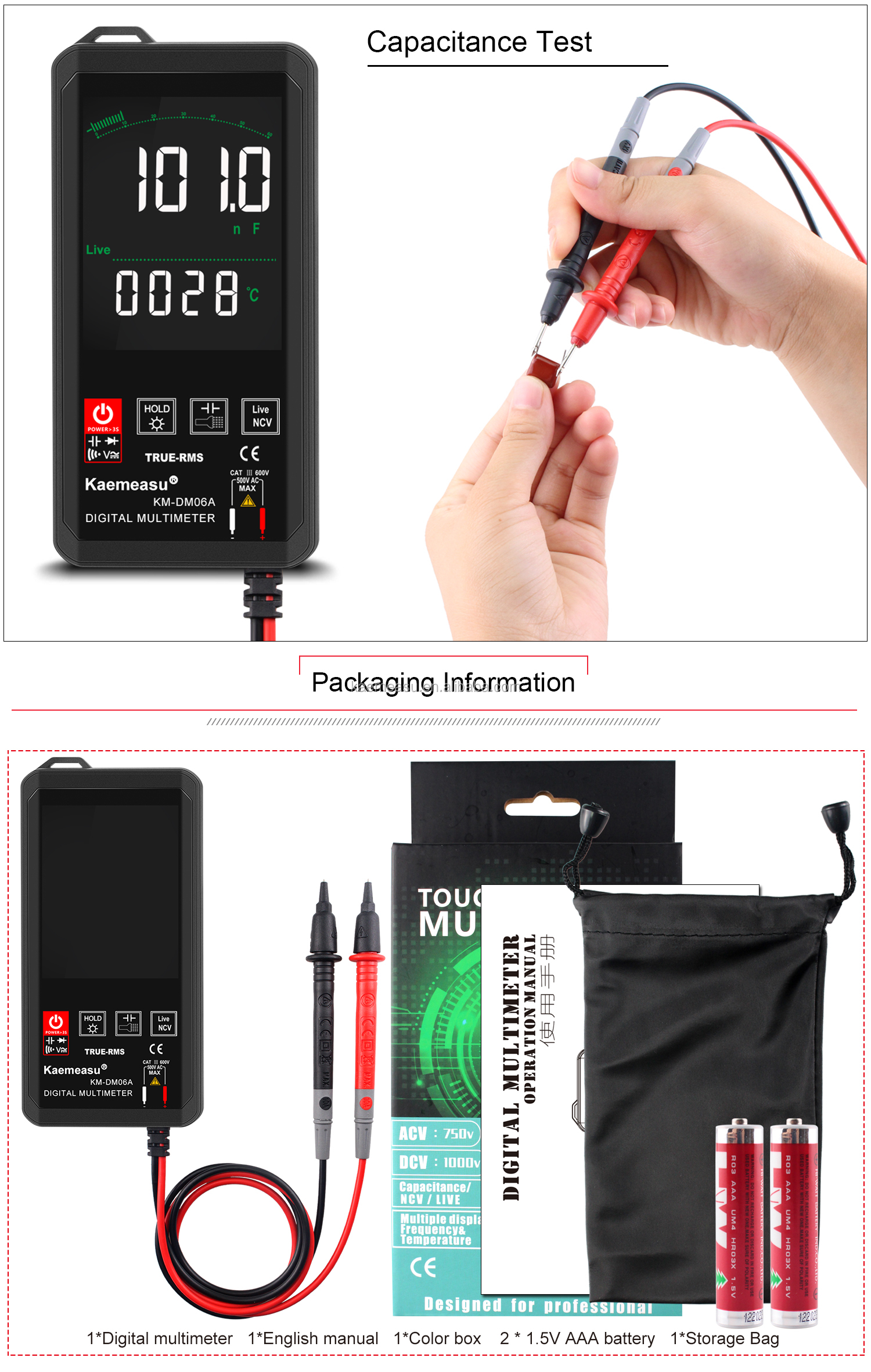 Kaemeasu Pocket Electronic Repair Tools Mini Touch Digital Multimeter 6000 count Color Big screen Mini Touch Digital Multimeter