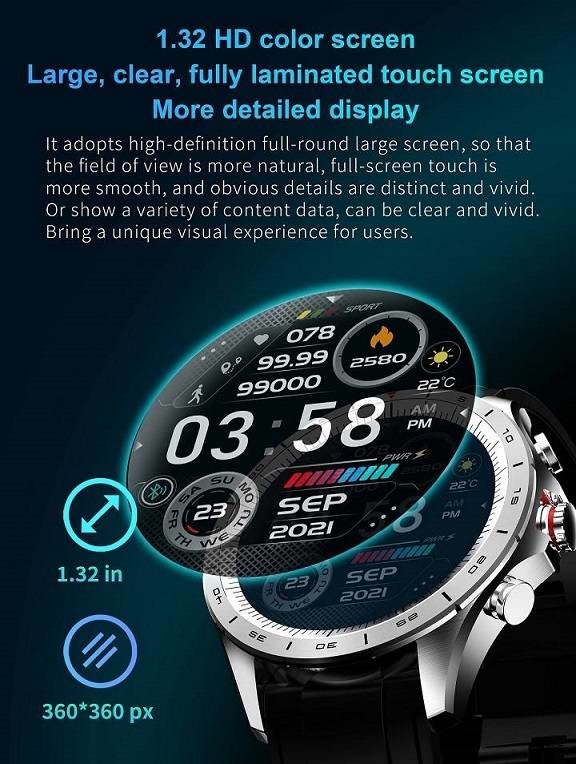 128Mb Bluetooth Android Smartwatch Zinc Alloy 1.32 Inch For Men
