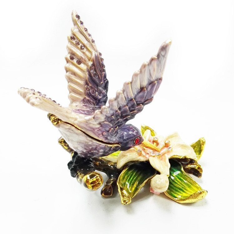 Custom pewter cute bird shape jewelry boxes colorful printed bird hummer jewelry boxes