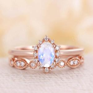 China Blue Natural Moonstone Ring Set , 14K Rose Gold Moonstone Stacking Rings factory