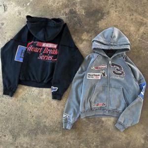 China Custom Reversible Stitch Hoodie Applique Distressed Embroidery Stone Wash Oversized Double Hooded Zip Up Hoodie factory