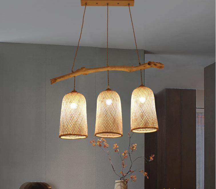 Three Heads Rattan Pendant Light , Restaurant Bamboo Woven Lamp 3500K