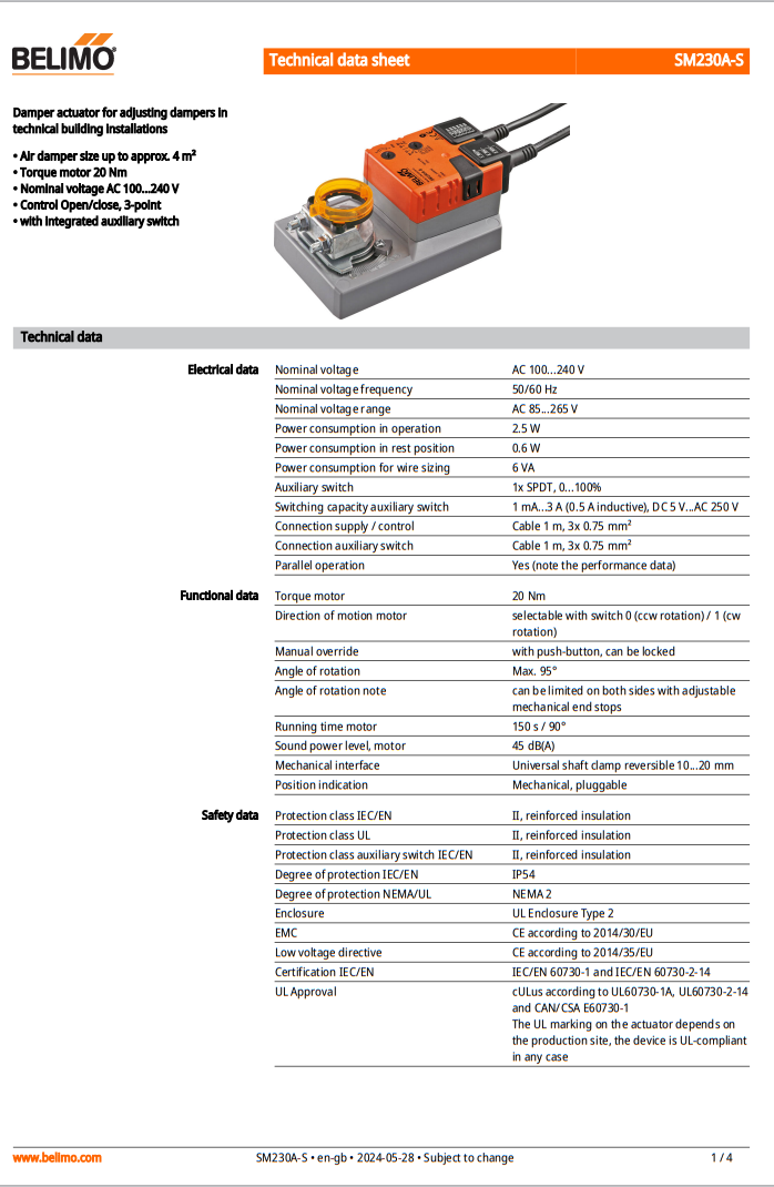 Belimo SM230A-S air valve actuator with button can lock 20 Nm AC 100... 240 V