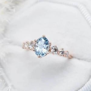 China Delicate Fantastic S925 Sterling Silver Rose Gold Round Cz Oval Blue Aquamarine Engagement Ring Cluster Dainty Rings factory