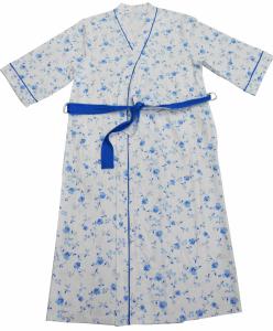China Ladies Cotton Jersey Blue Floral Printed Bath Robe Kimono Wrap Blue Piping 3/4 Sleeve factory