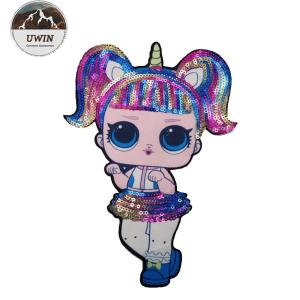 China Doll Sequins Custom Woven Patches 5CM Size Sew On Backing For Clothing factory