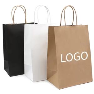 China White And Brown Kraft Paper Twisted Handle Shopping Carrier Bag With Logo Printed on sale