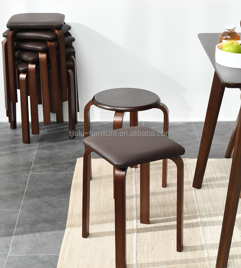 OEM Service Accepted Fashion Simple Stool Modern Household Small Round Solid Wood Stackable Chairs Wood Stool Curved Wood Stool
