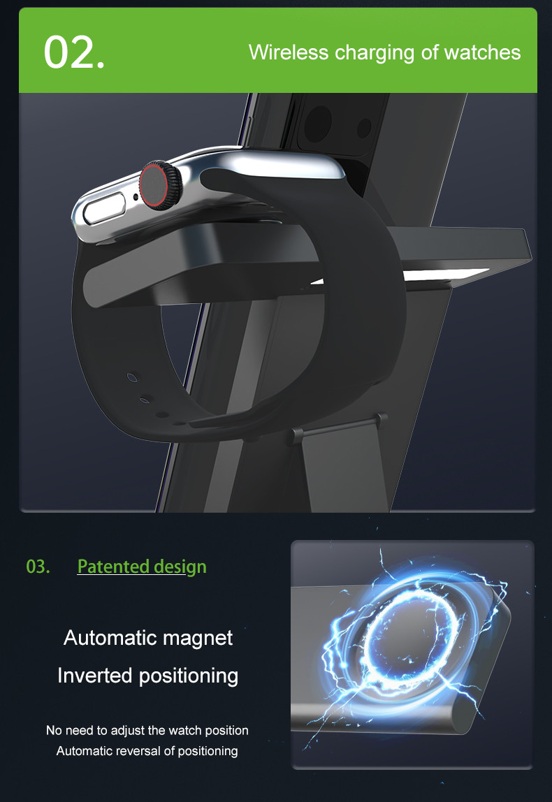 Foldable Wireless Charging Station for Smartphones Earbuds Watches 3W Watch Charging 15W Phone Output Custom