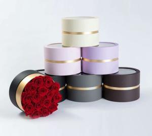 China Round Bouquet Corrugated Cardboard Packaging Rose Flower Bucket Boxes Gold Window Opening factory