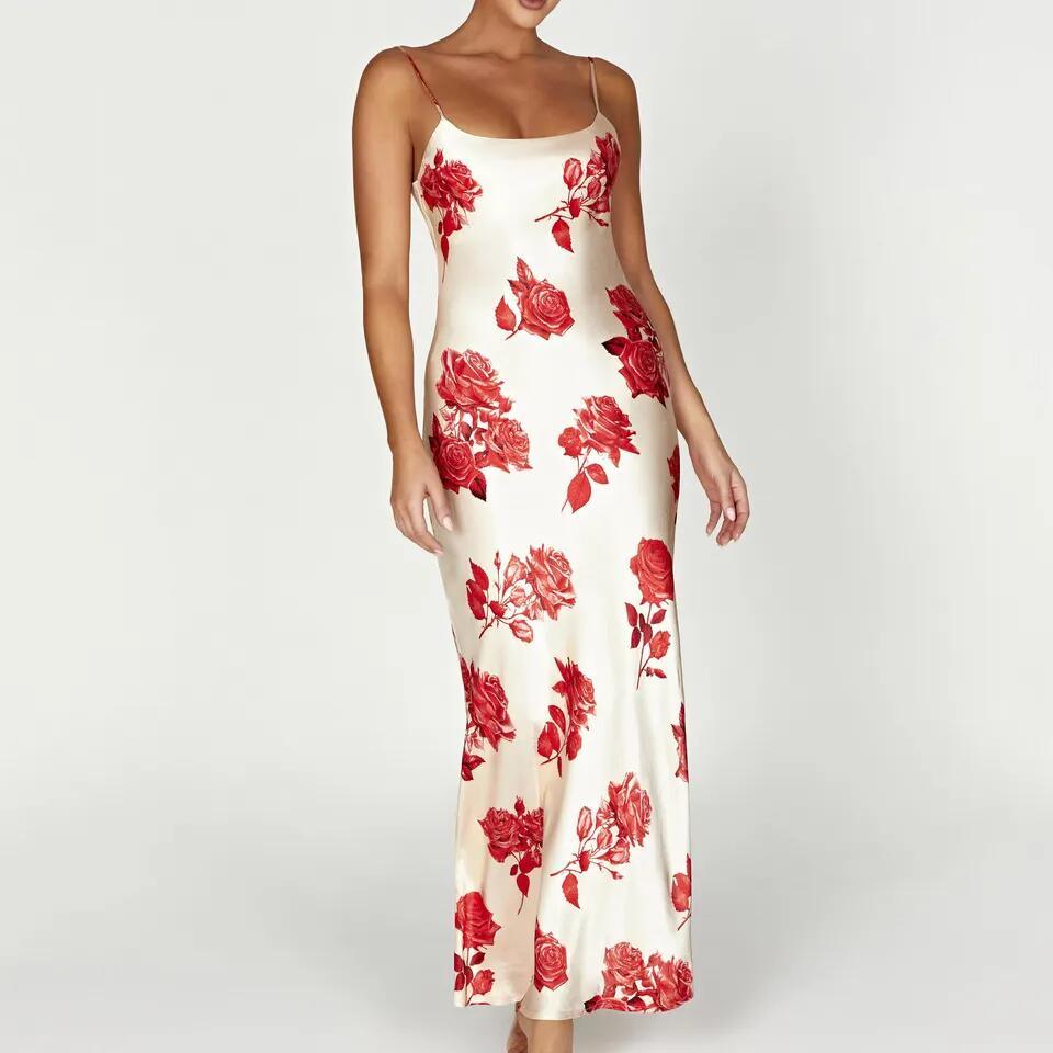 Custom Ladies Elegant Print Milk Silk Women Casual Long Summer Floral Maxi Satine Dress