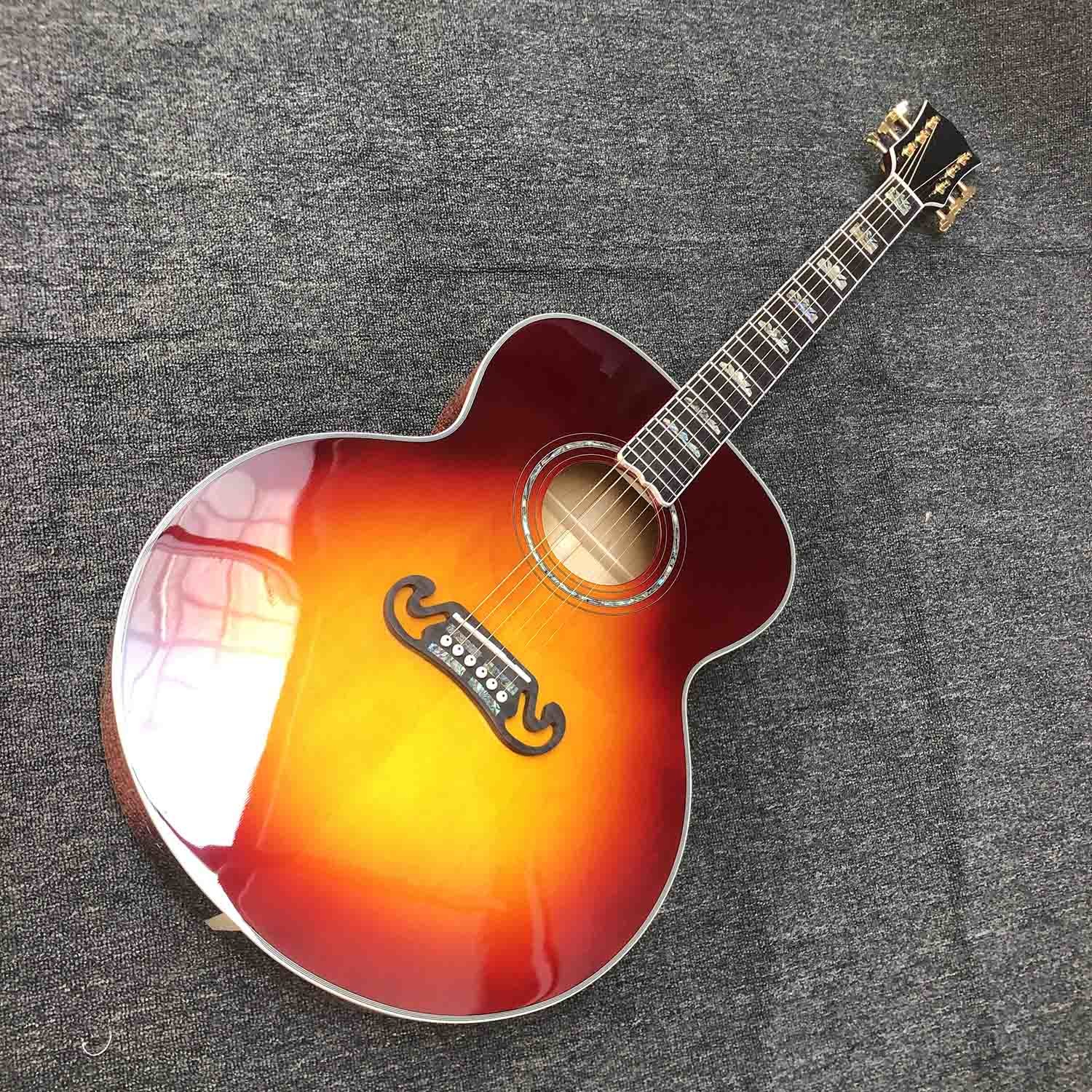 Custom J200S 43 Inch Jumbo Acoustic Guitar Ebony Fingerboard Abalone Binding GroFlamed Maple Back Side in Sunburst Color
