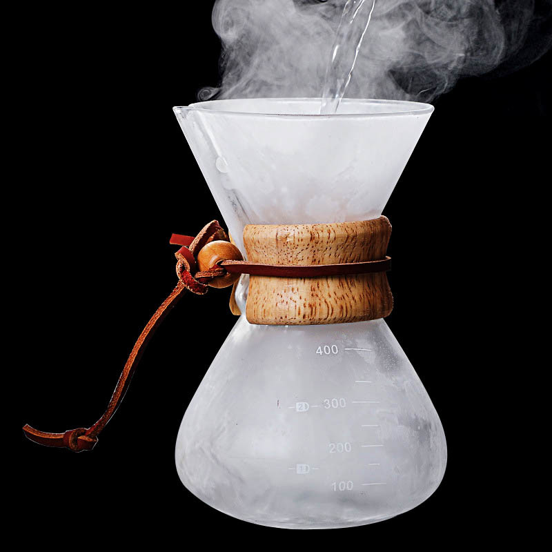 B2B Custom 400ml Glass Pour Over Coffee Brewer|Stainless Steel Filter&Wood Sleeve|Camping Brewing Pot