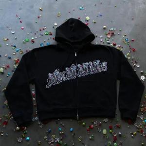 China Custom Men's 100% Cotton Heavyweight Embroidery Distressed Acid Wash Boxy Cropped Zip Up Rhinestone Hoodies For Men factory