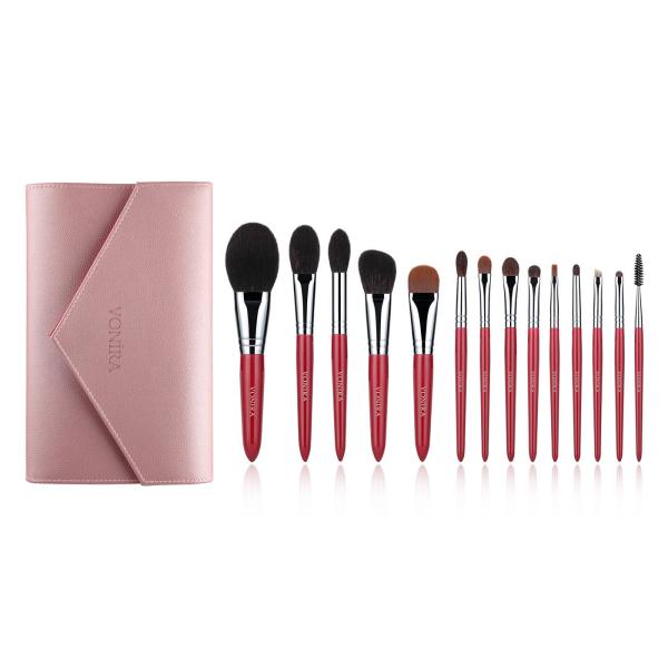 China 14pcs Wood Handle Synthetic Makeup Brushes Set With Copper Ferrule factory