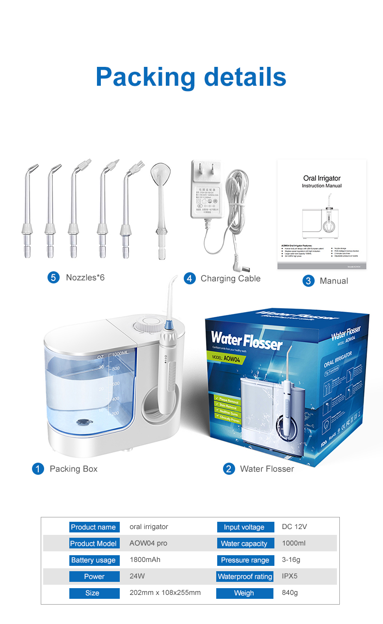 Countertop Oral Water Flosser Wireless With 6 Replacement Jet