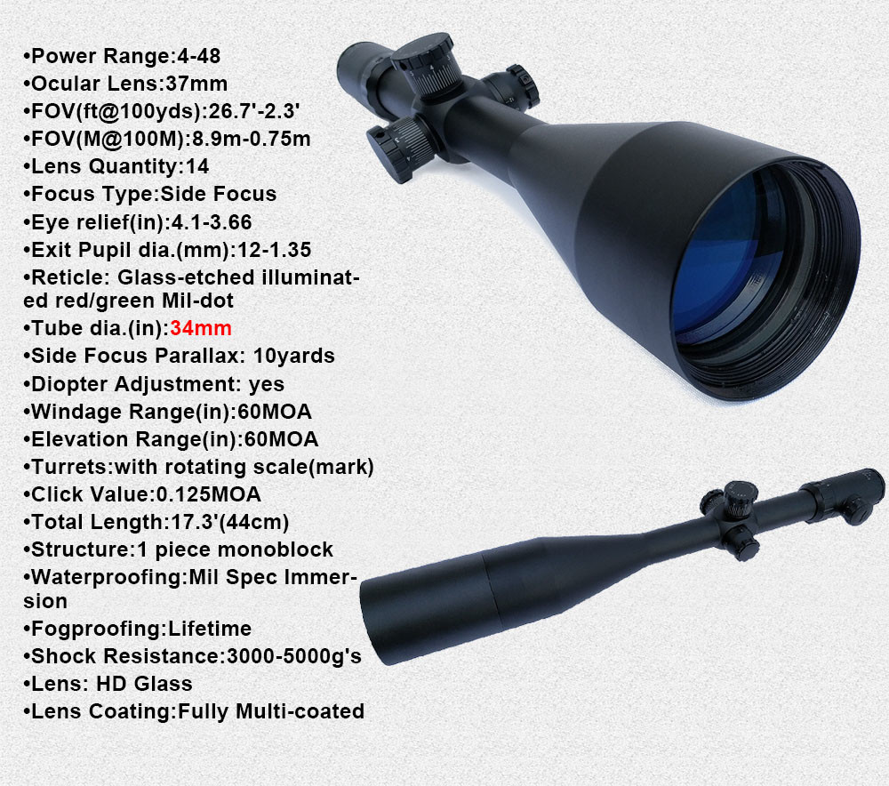 Long Range Zoom High Power Tactical Scope 4-48x65 1/8 MOA Counter Sniper Rifle Scopes