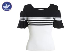 China Trumper Ruffle Cuff Womens Knit Pullover Sweater Crew Neck Off Shoulder Type factory