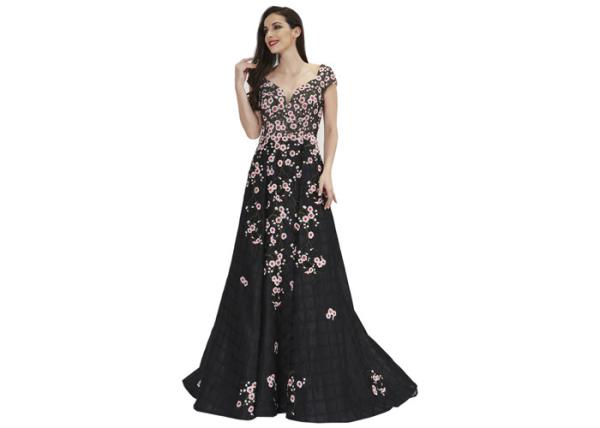 Organza Embroidery Flower Ladies Evening Dresses , Black Arabic Evening Gowns