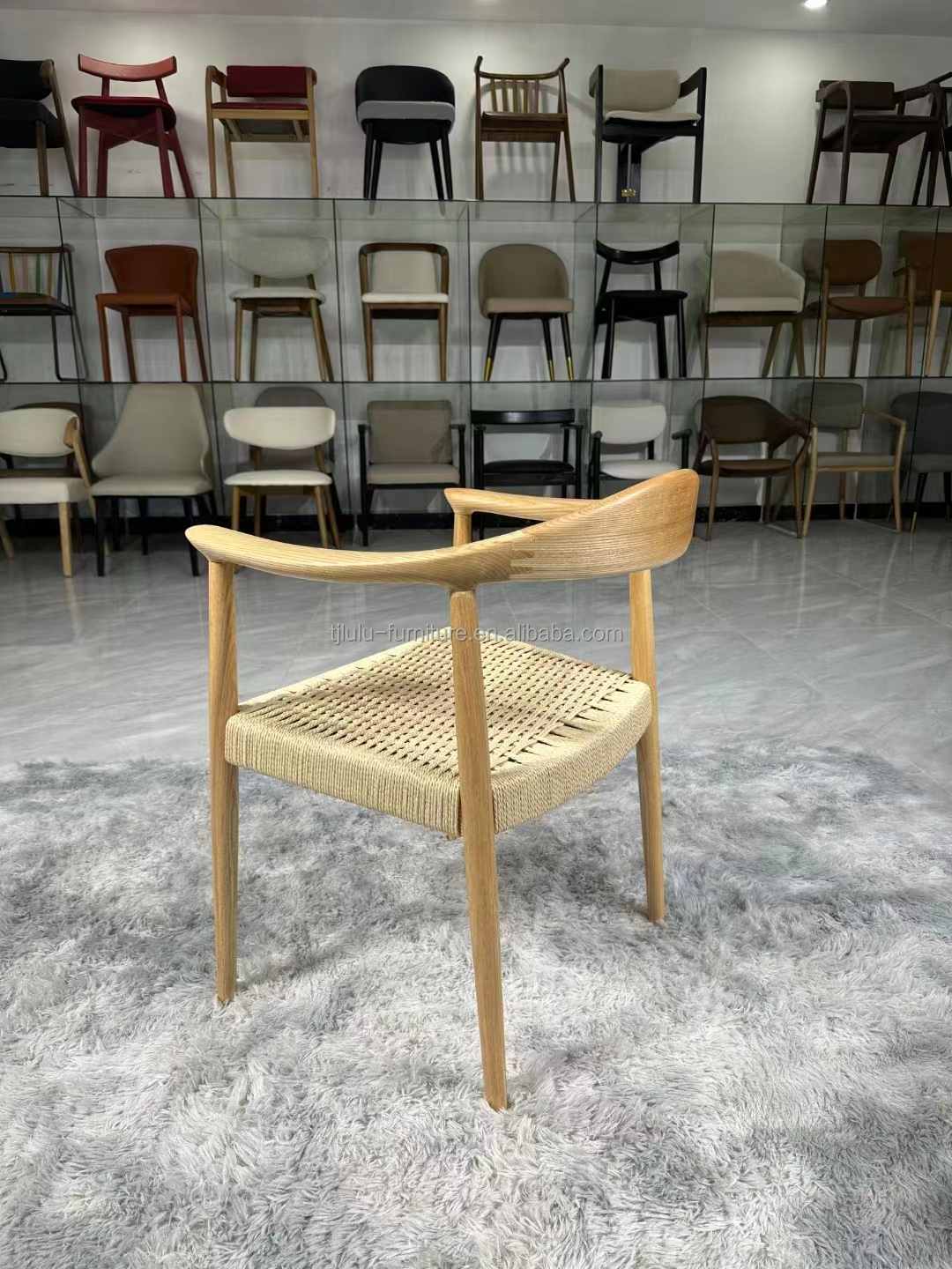 Solid Wood Lift Chair Modern Dining Arm Chair with Durable Rope Seat and Lift Function