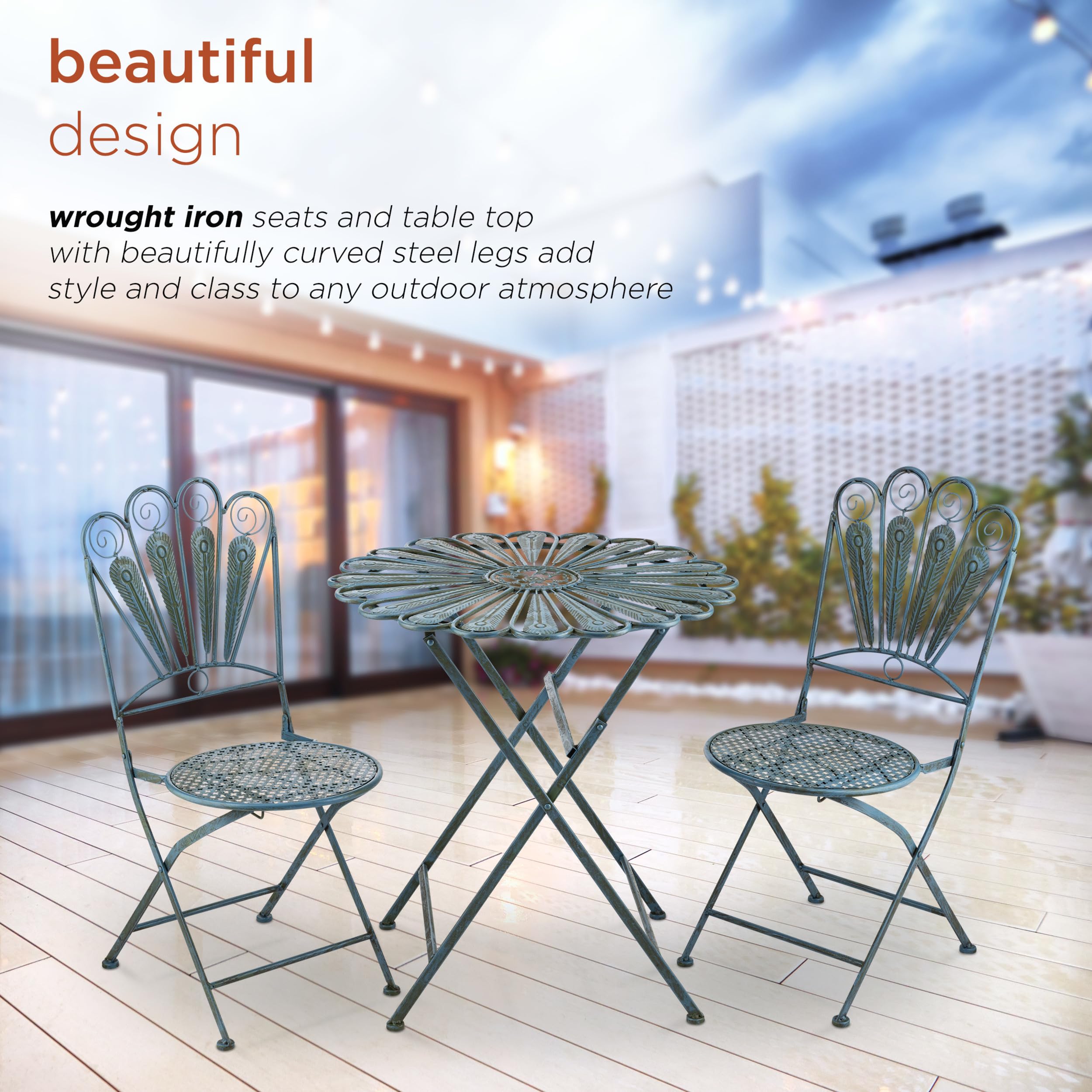 Foldable Table and Chair Patio Set Peacock-Inspired Bistro Set for Any Gathering