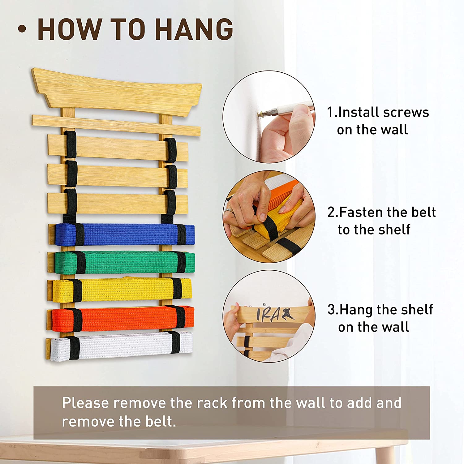 Pinewood Martial Arts Belt Display Rack Wall Mounted Bamboo Karate Belt Display Rack