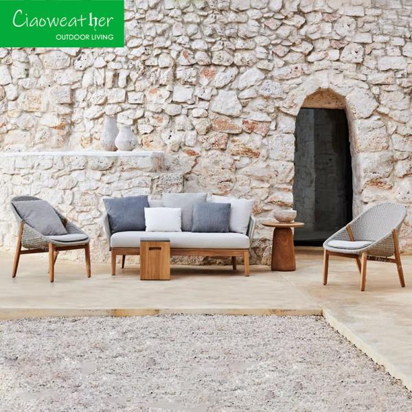 Modern Outdoor Furniture Teakwood Garden Sofa with Waterproof Cushion and Rattan