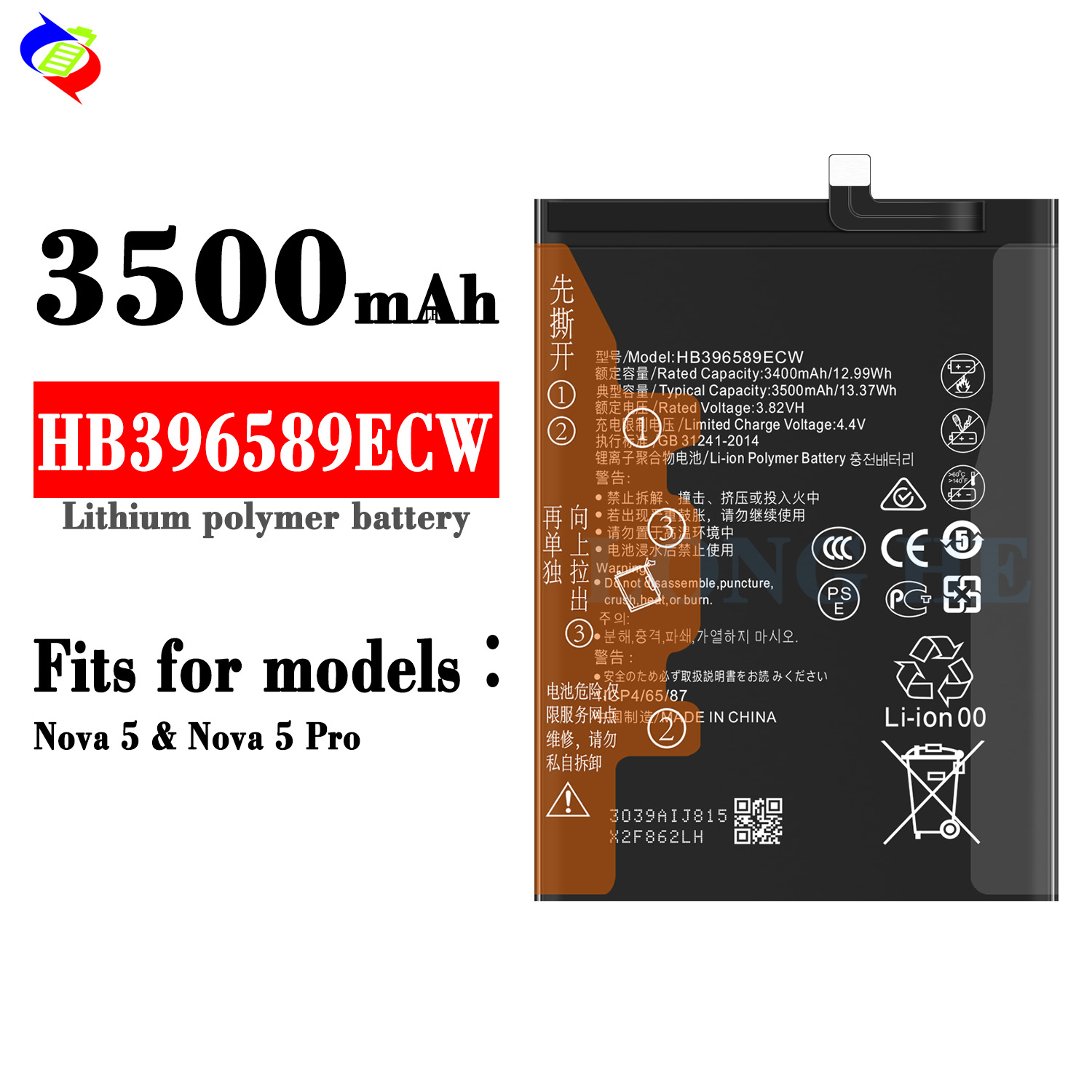 Rechargeable Li-ion Polymer Battery HB396589ECW for HUAWEI Nova5 Nova5 Pro 3500mAh WIFI