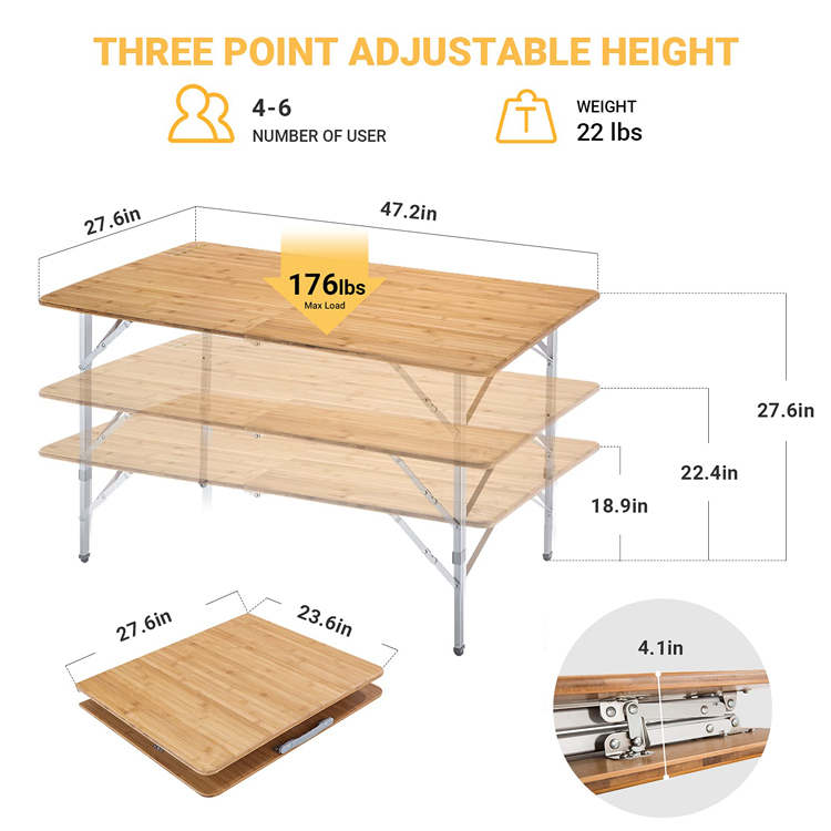 120*70cm Tabletop Patio Garden Bamboo Aluminum Folding Table for Picnic Camping Dinning