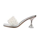 7018-3 Korean Fashion Open Toe High Heels Square Toe Pearl Thin Sandals Fine