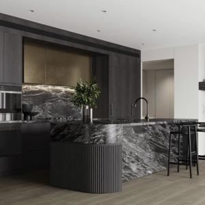 China Customized Modern Gray Wood Grain Kitchen Cabinet High Quality 3D Automatic Smart PVC Design MDF Carcase Glass Door factory
