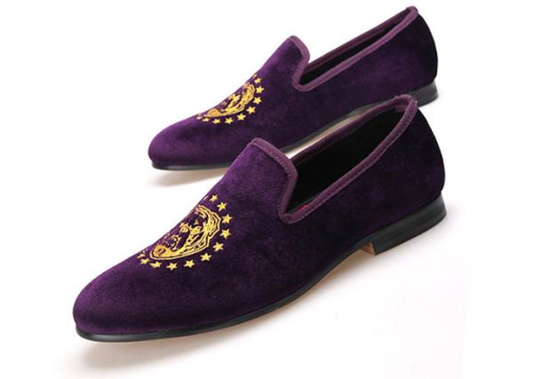 Embroidery Cross Pattern Purple Mens Velvet Loafers With Handmade Red Bottom