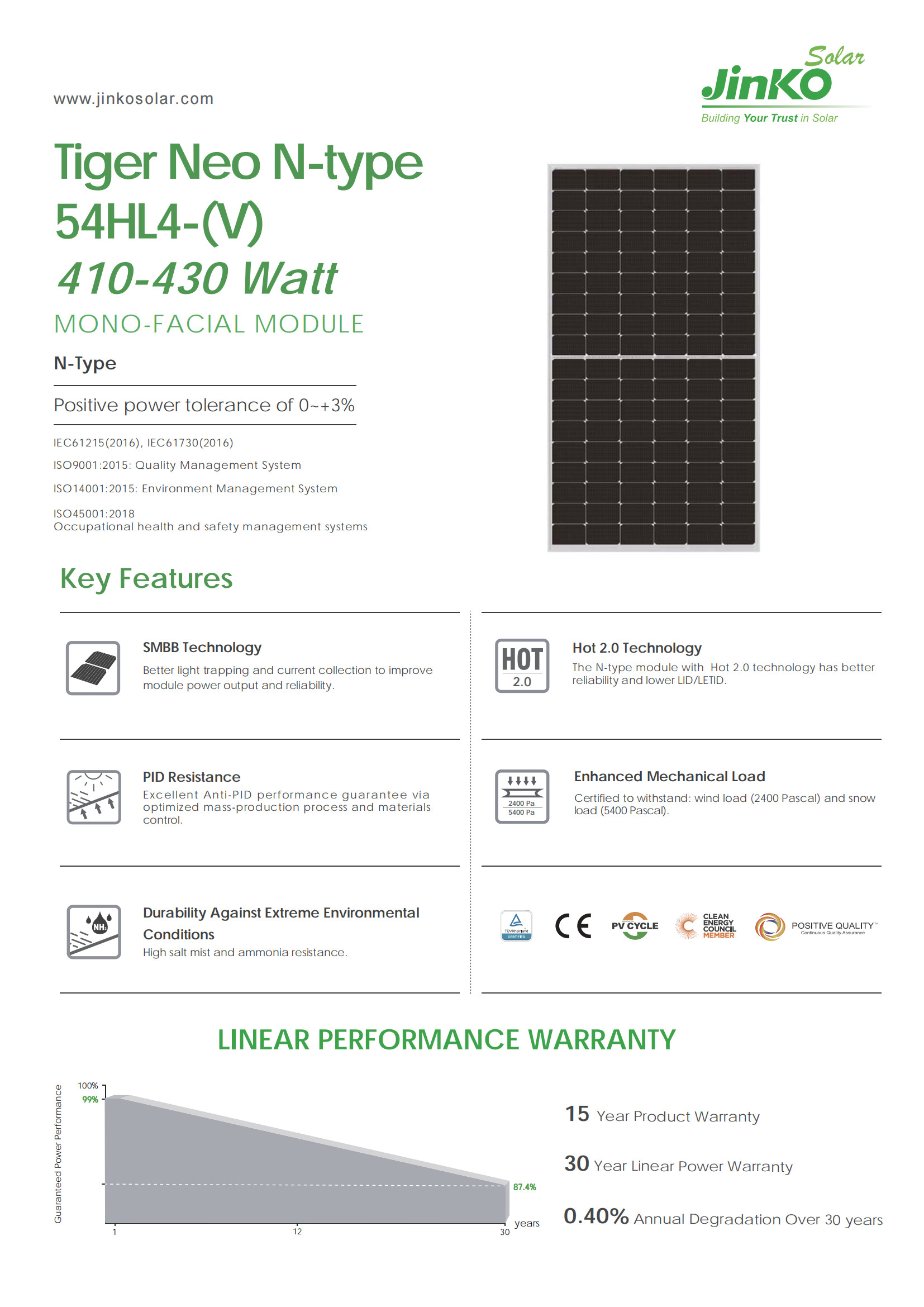 Jinko Tiger Neo N-Type 54HL4-V 410W 415W 420W 425W 430W Jinko Solar PV Panels