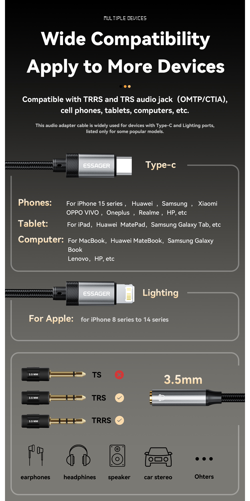 USB C Lightning To 3.5mm Aux Cable OTG Adapters for Mobile Phones and Tablets