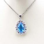 White Gold Plated 925 Silver Teardrop Blue Topaz Cubic Zirconia Pendant Necklace