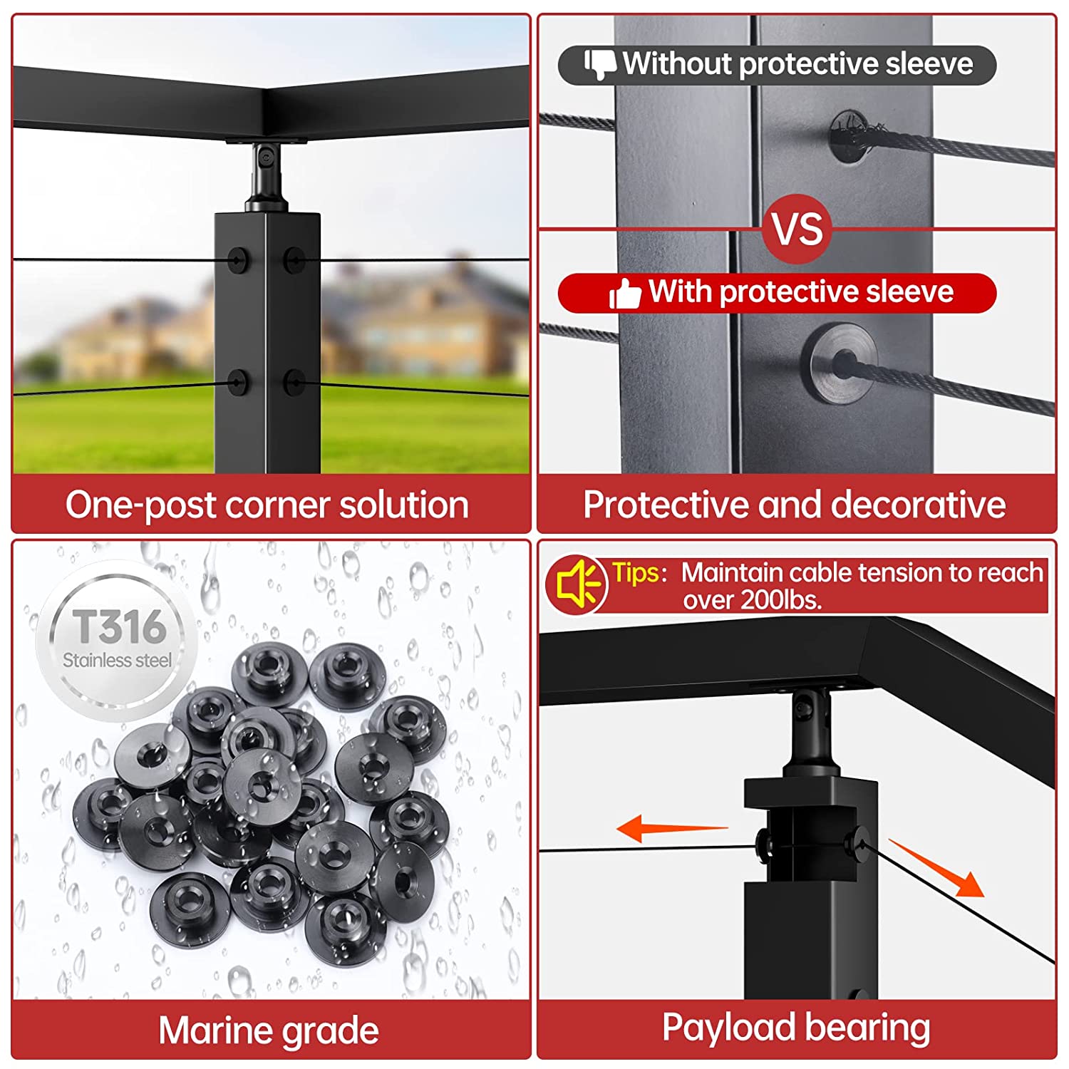 Metal Post Cable Railing Kit with Black Finish and 1/8 inch Wheel Protective Sleeve