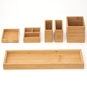 Efficiently Organize Your Bathroom with 6-Piece Bamboo Vanity Tray Set 38x10