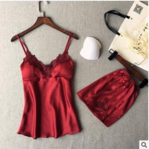 China Sleeveless Top Shorts Nightdress Sexy Lace Silk Pajamas For Women factory