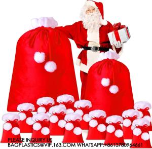 China Santa Velvet Gift Bags Bulk Gift Bags Poms Christmas Gift Sack Xmas Velvet Drawstring Bag For Present Wrapping factory