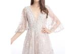 V - Neck Petite Evening Dresses , See Through Long Sleeves Elegant Evening