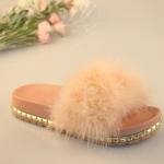 Apricot Fluffy Womens Soft Bottom Slippers Metal Height Increasing