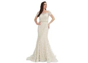 China Sequin Embroidery Fabric Arabic Evening Dresses Beige Color Zipper Back Style factory