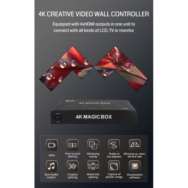 4K60 Video Wall Controller with 64GB Memory and 10-Layer Overlay for Multi-Screen Display
