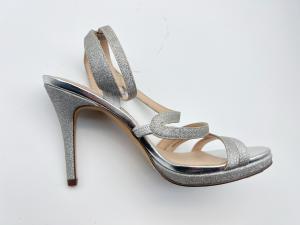 China Elastic Wrap Ladies Soft Leather Sandals Dark Silver With 5cm Stiletto factory