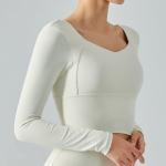 Detachable Chest Mat Long Sleeve Ladies Yoga Tops V Neck Sports Skin Friendly