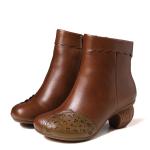 S042 Color matching cowhide boots, women's plus velvet mid-heel boots, women's