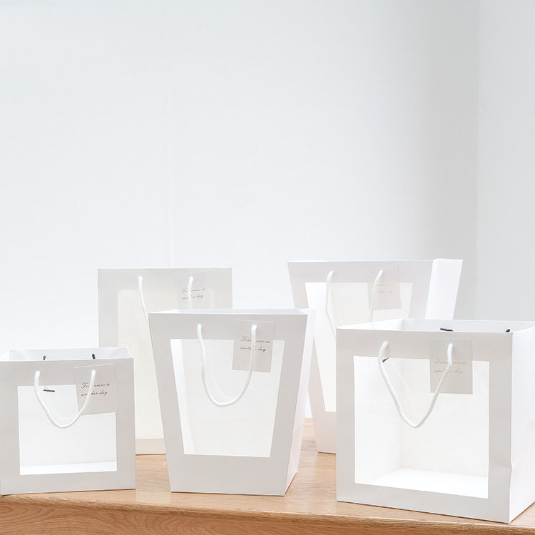 Personalized Designer Paper Bags with Clear Window Custom Your Own Logo on Ivory Board